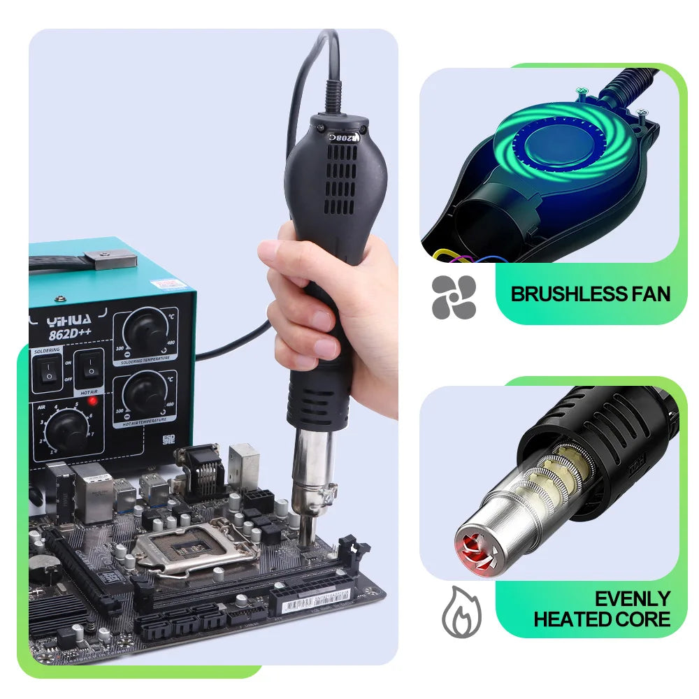 862D++ Soldering Iron Hot Air 2 in 1 Rework Station BGA SMD Phone Repair Welding Tool with Auto Manual Mode