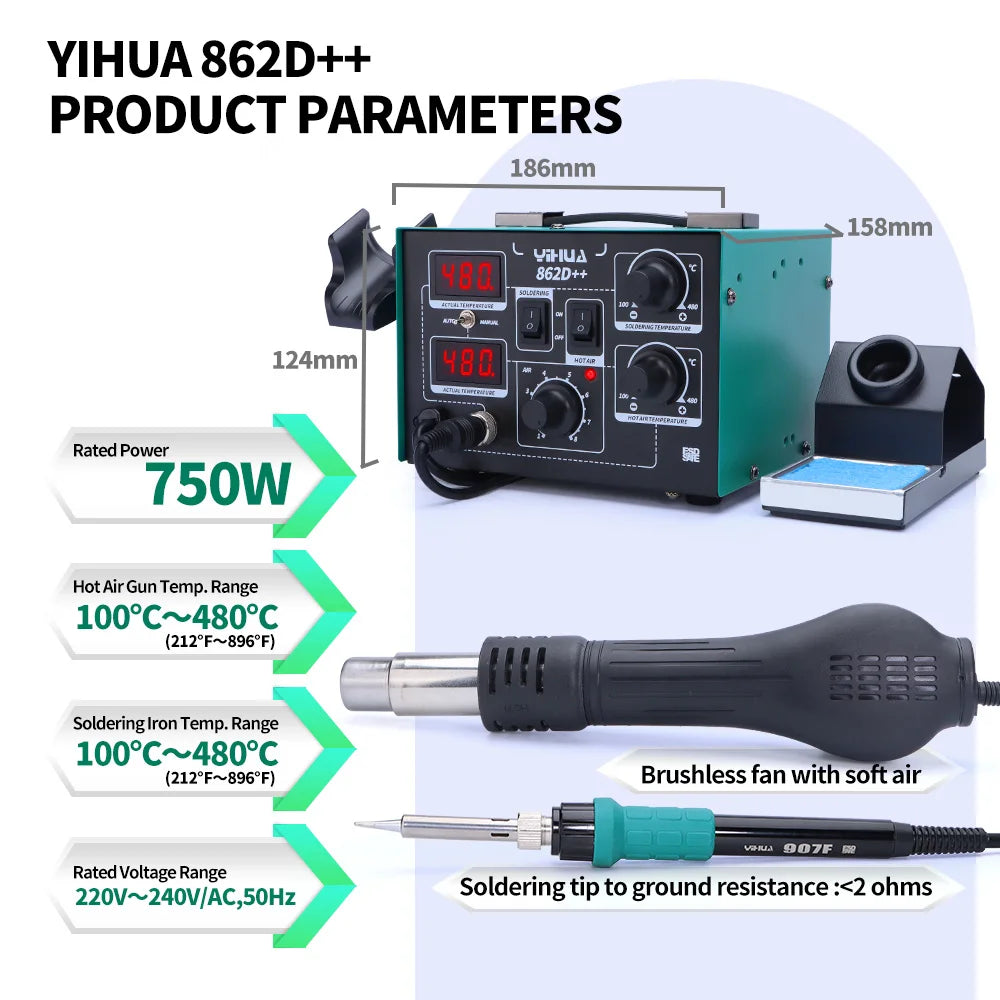 862D++ Soldering Iron Hot Air 2 in 1 Rework Station BGA SMD Phone Repair Welding Tool with Auto Manual Mode