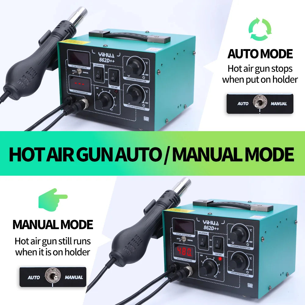 862D++ Soldering Iron Hot Air 2 in 1 Rework Station BGA SMD Phone Repair Welding Tool with Auto Manual Mode