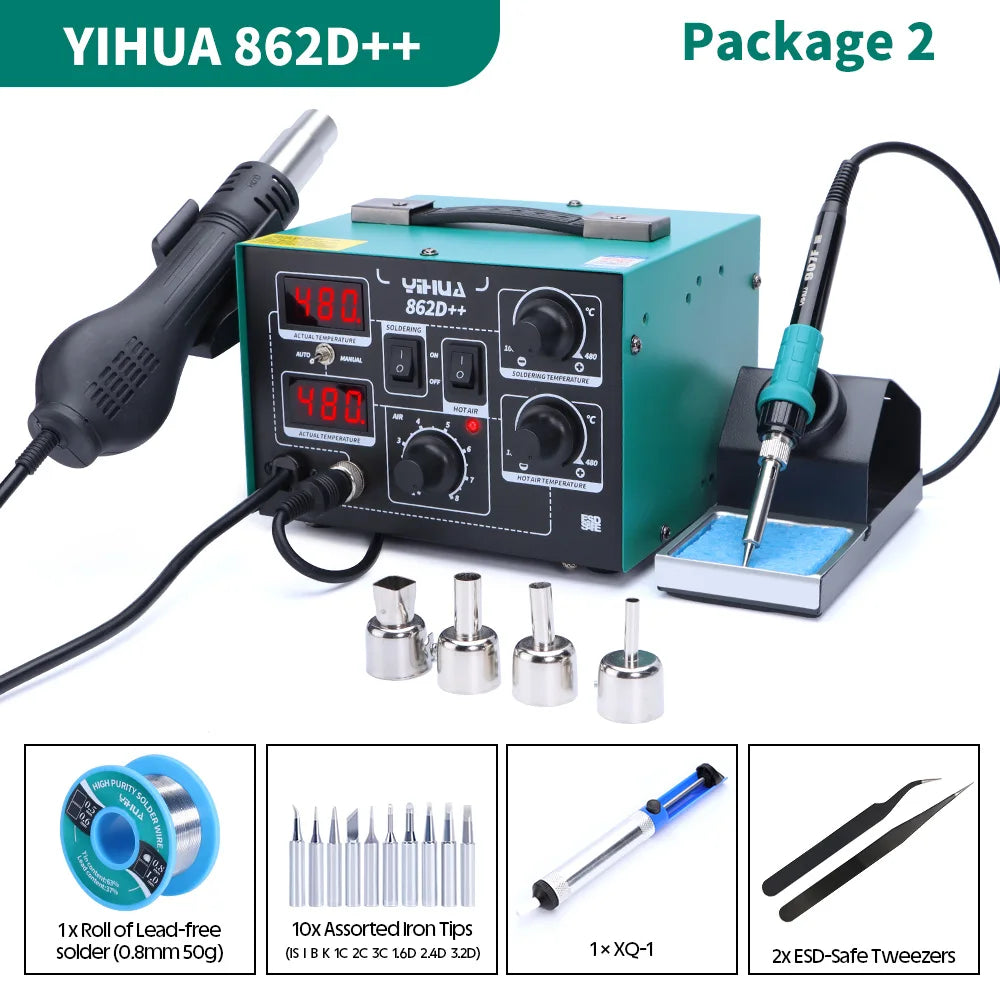 862D++ Soldering Iron Hot Air 2 in 1 Rework Station BGA SMD Phone Repair Welding Tool with Auto Manual Mode