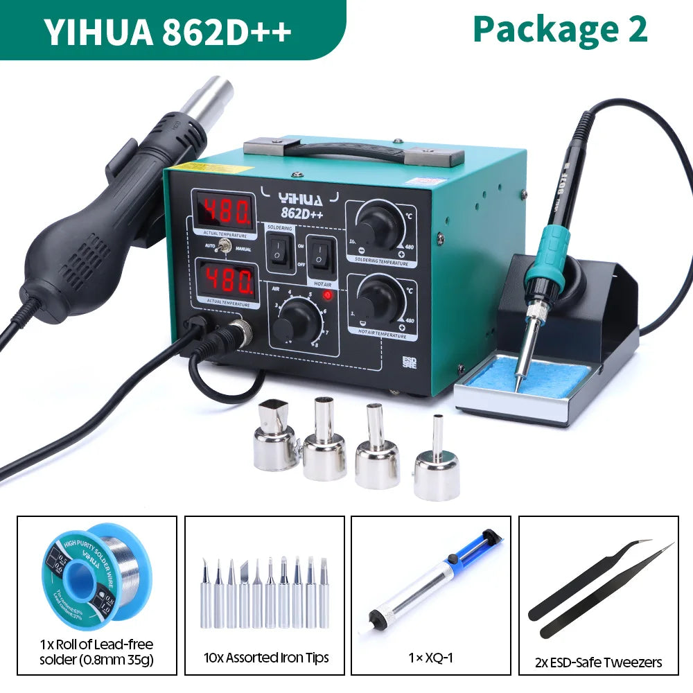 862D++ Soldering Iron Hot Air 2 in 1 Rework Station BGA SMD Phone Repair Welding Tool with Auto Manual Mode